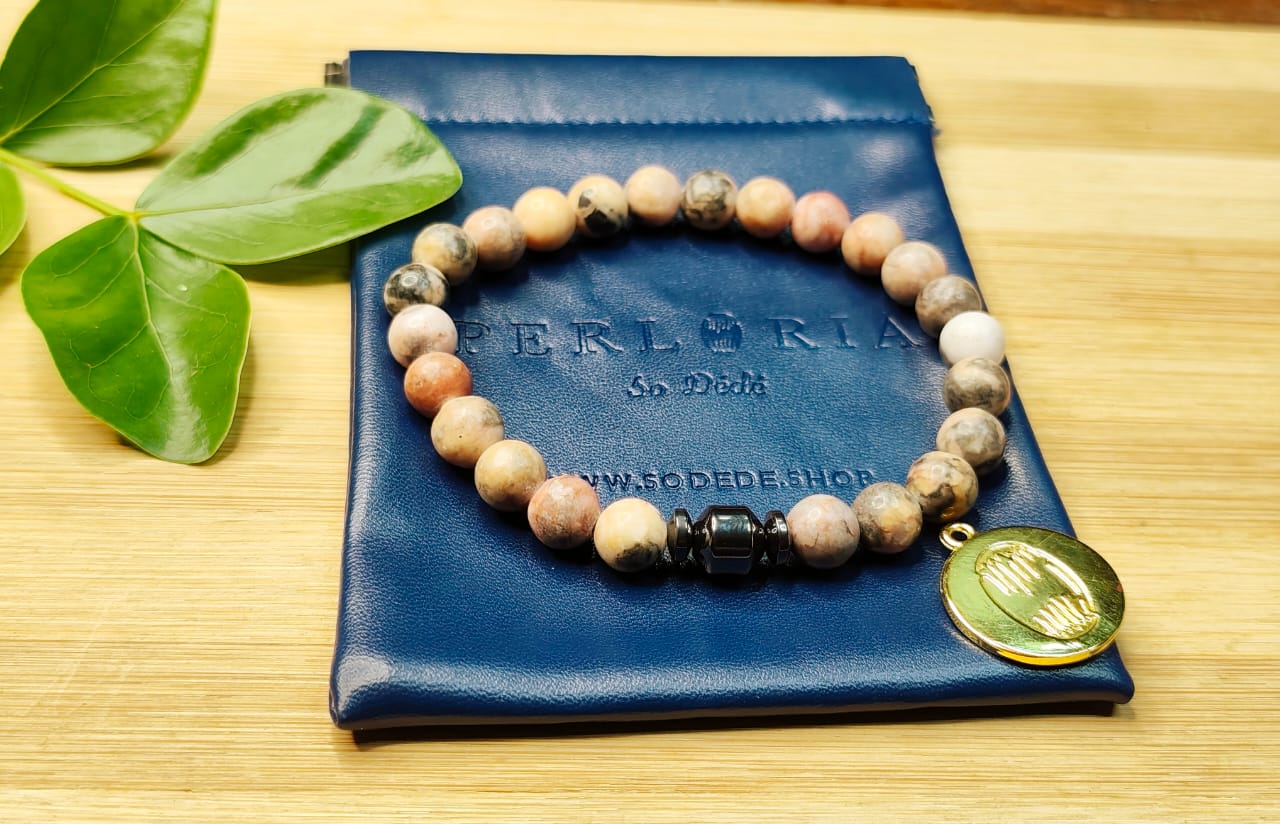 Bracelet pour homme en perles de jaspe zébré rose image