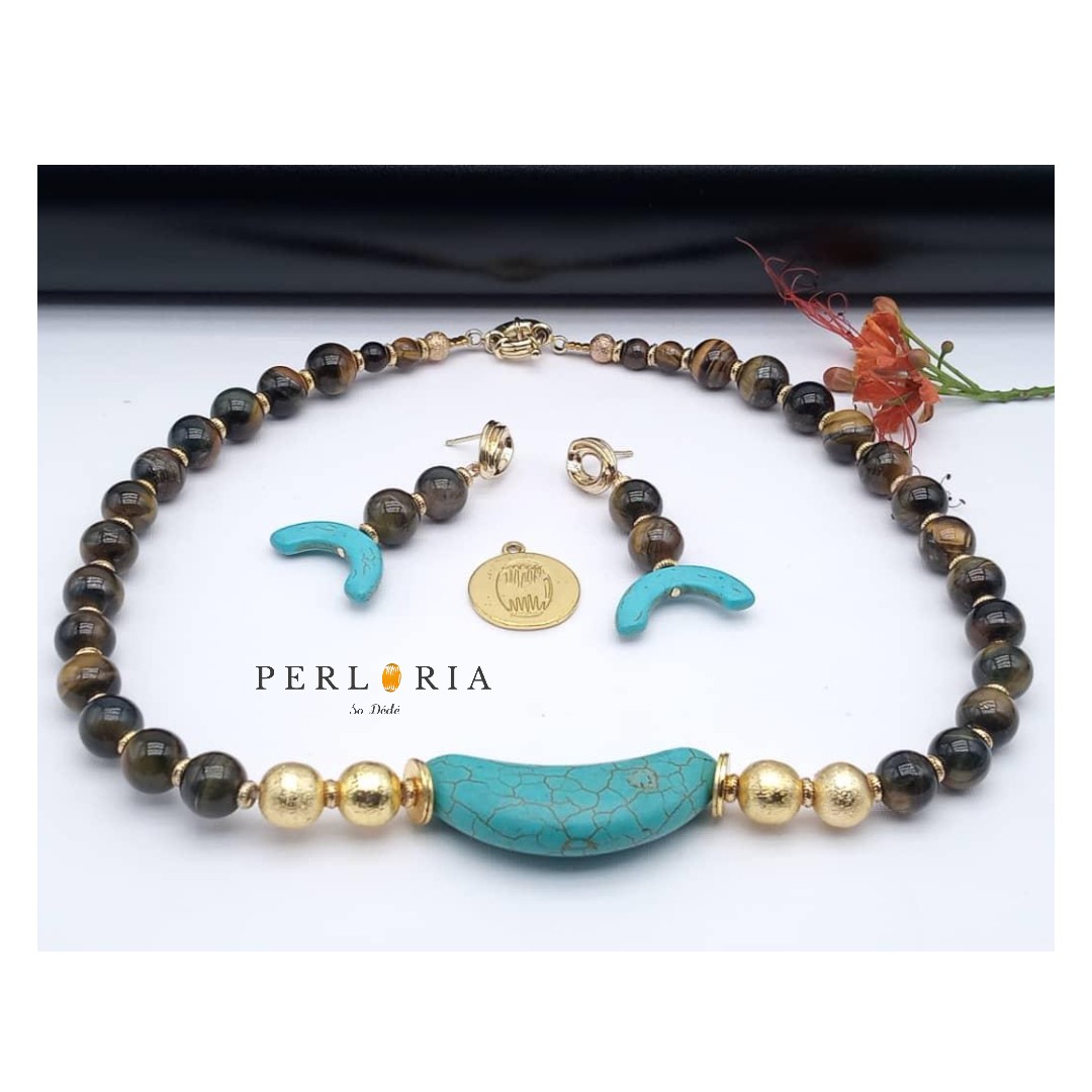Parure en perles Œil de Tigre et Turquoise image